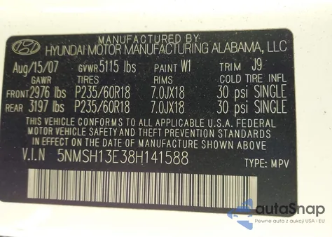 2008 Hyundai Santa Fe Limited/Se из США, поврежденный, VIN 5NMSH13E38H141588